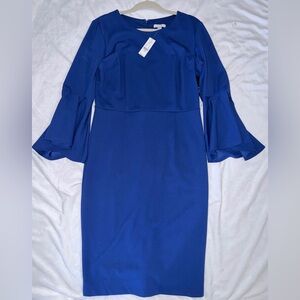 Elegant Blue Bell-Sleeve Sheath Dress